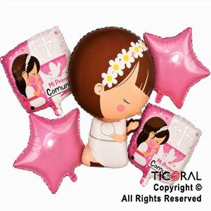 SET DE GLOBOS METALIZADO COMUNION NENA ROSA 5 UNIDADES